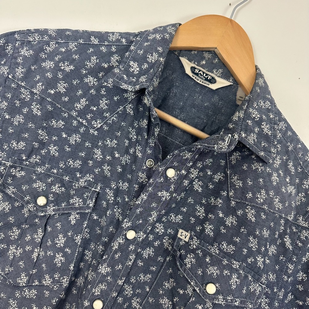 Salt Valley Western Shirt Dark Blue Floral Short Sleeve Snap Front Mens Small